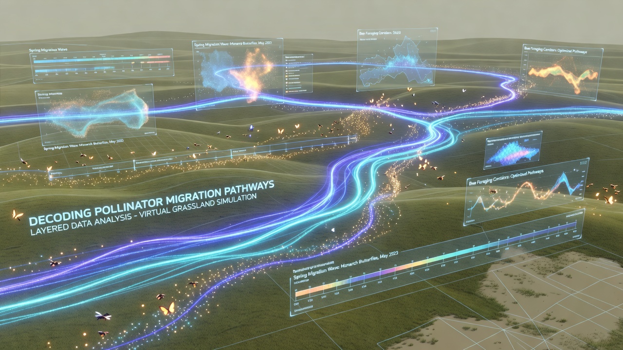 Close-up view of a virtual pollinator with overlaid environmental data layers showing temperature, wind, and floral density