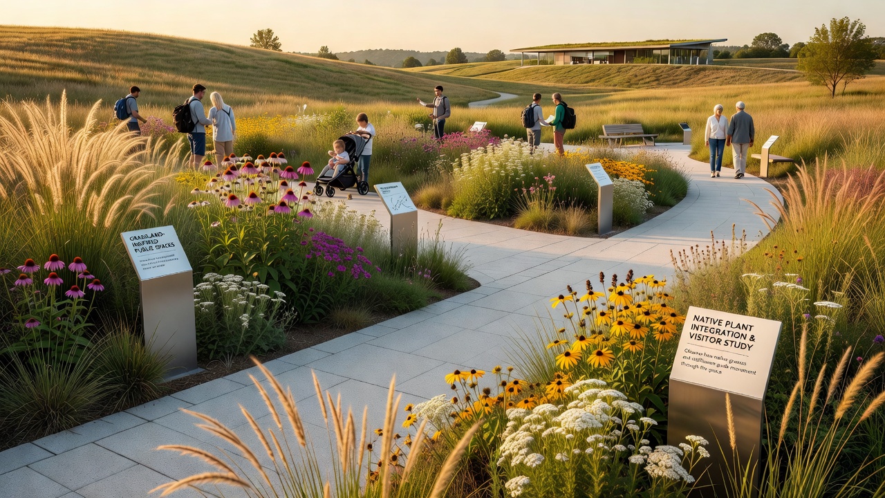 Visitors pausing along native grass borders in a grassland public space during peak season