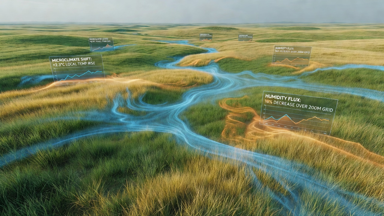 Visualization of humidity and wind flow patterns overlaid on a three-dimensional grassland simulation